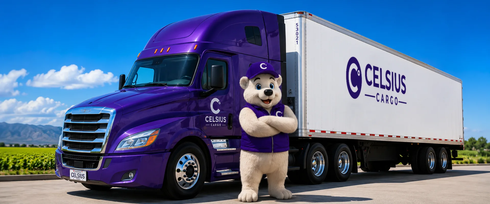 Tractocamión morado de Celsius Cargo con caja refrigerada blanca y la mascota de la marca, un oso polar con chaleco morado